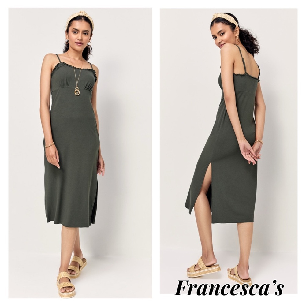 New Francesca’s Sally Rib Knit Ruffle Trim Olive Green Midi Dress - Picture 2 of 7
